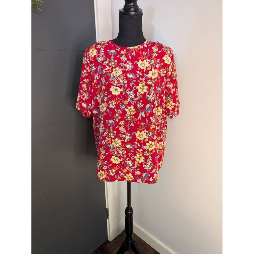 Vintage Kathie Lee Red Floral Short‎ Sleeve Blouse with Keyhole Neck - L